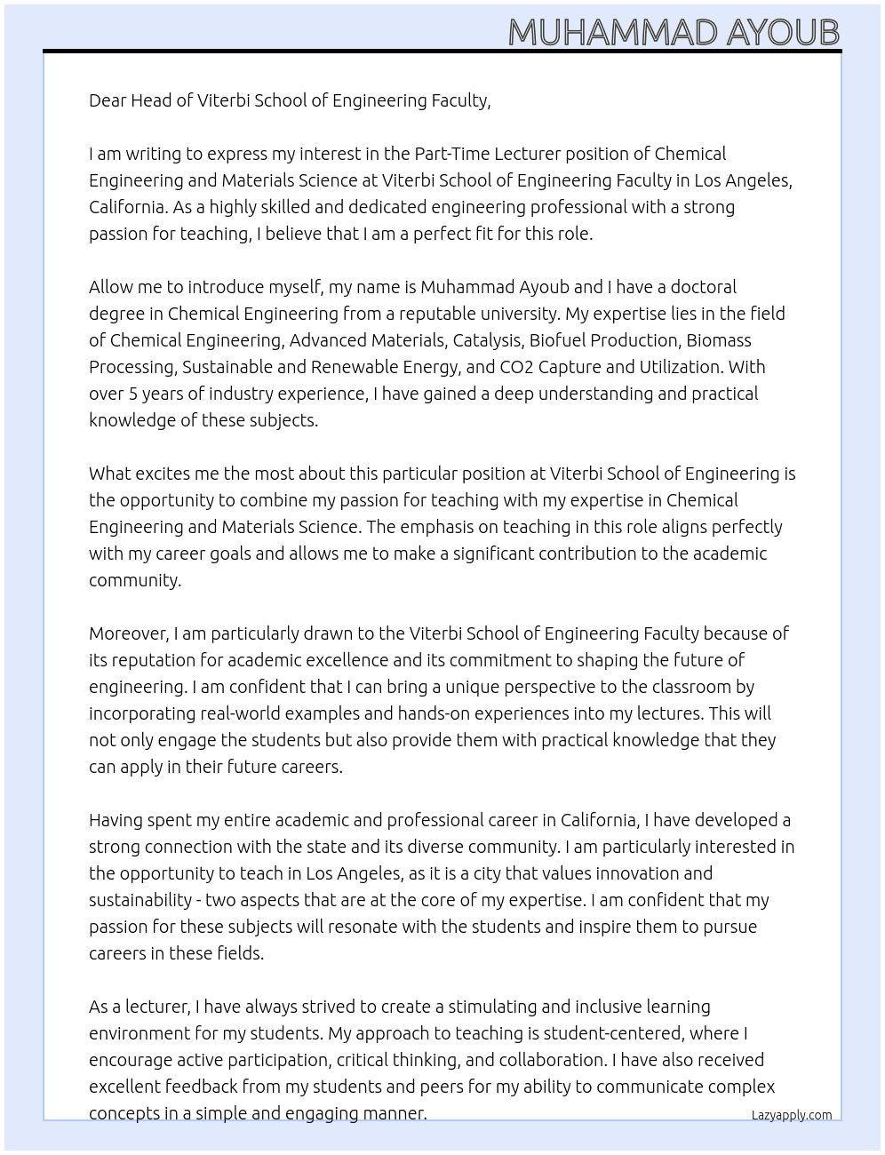 Part-Time Lecturer of Chemical Engineering and Materials Science At Viterbi School of Engineering Faculty Los Angeles, California Cover Letter