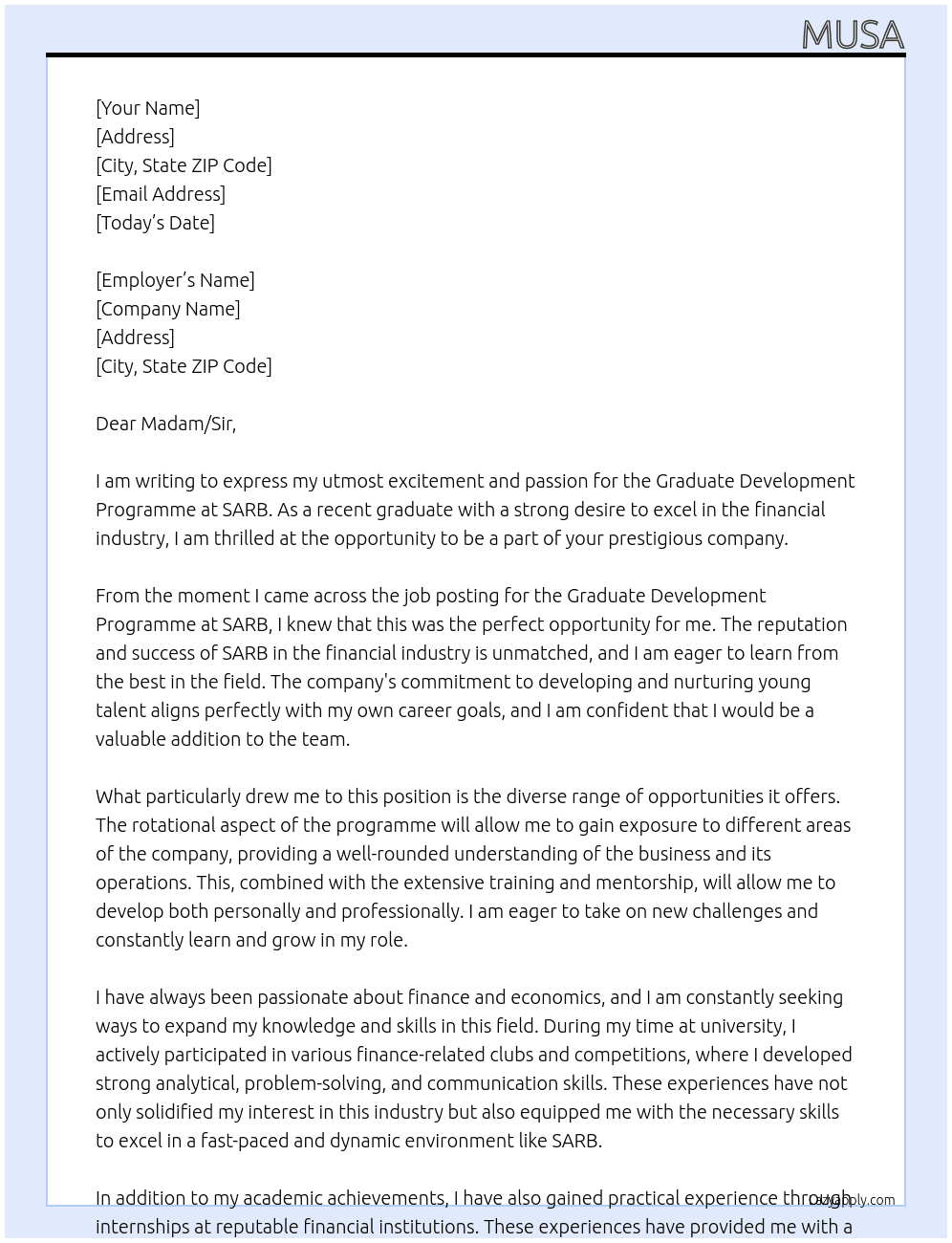 graduate development programme At SARB Cover Letter