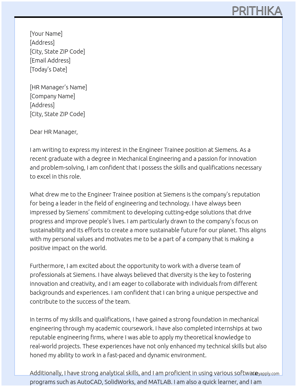 Cover letter for engineer trainee - LazyApply