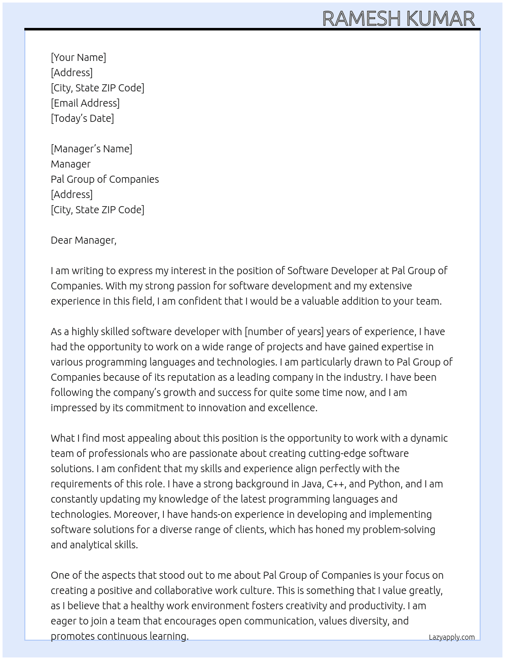 Software developer  At Pal group of companies  Cover Letter