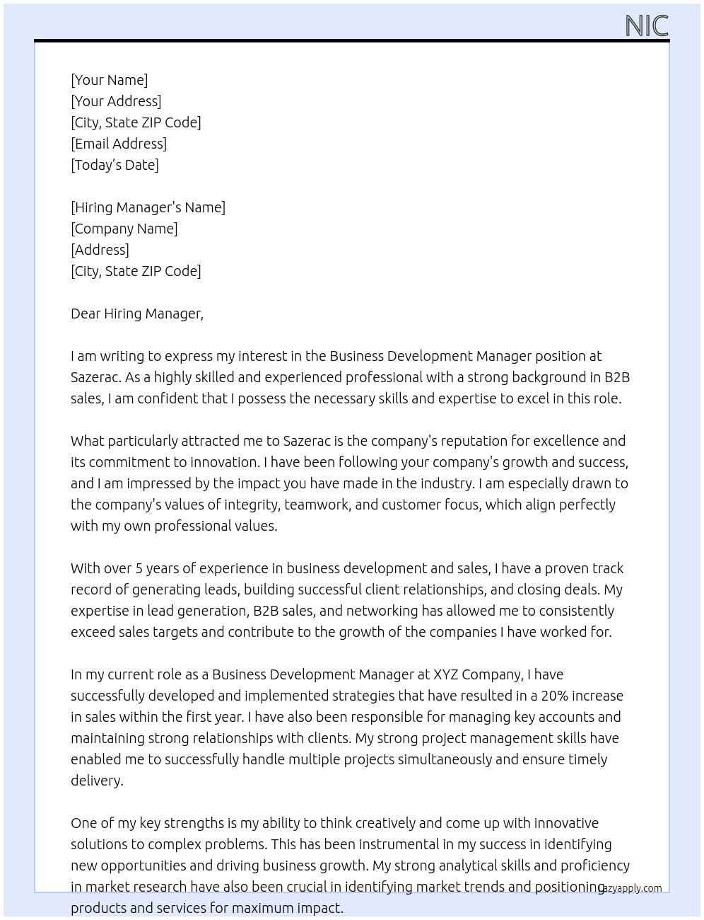 Business Development Manager At Sazerac Cover Letter