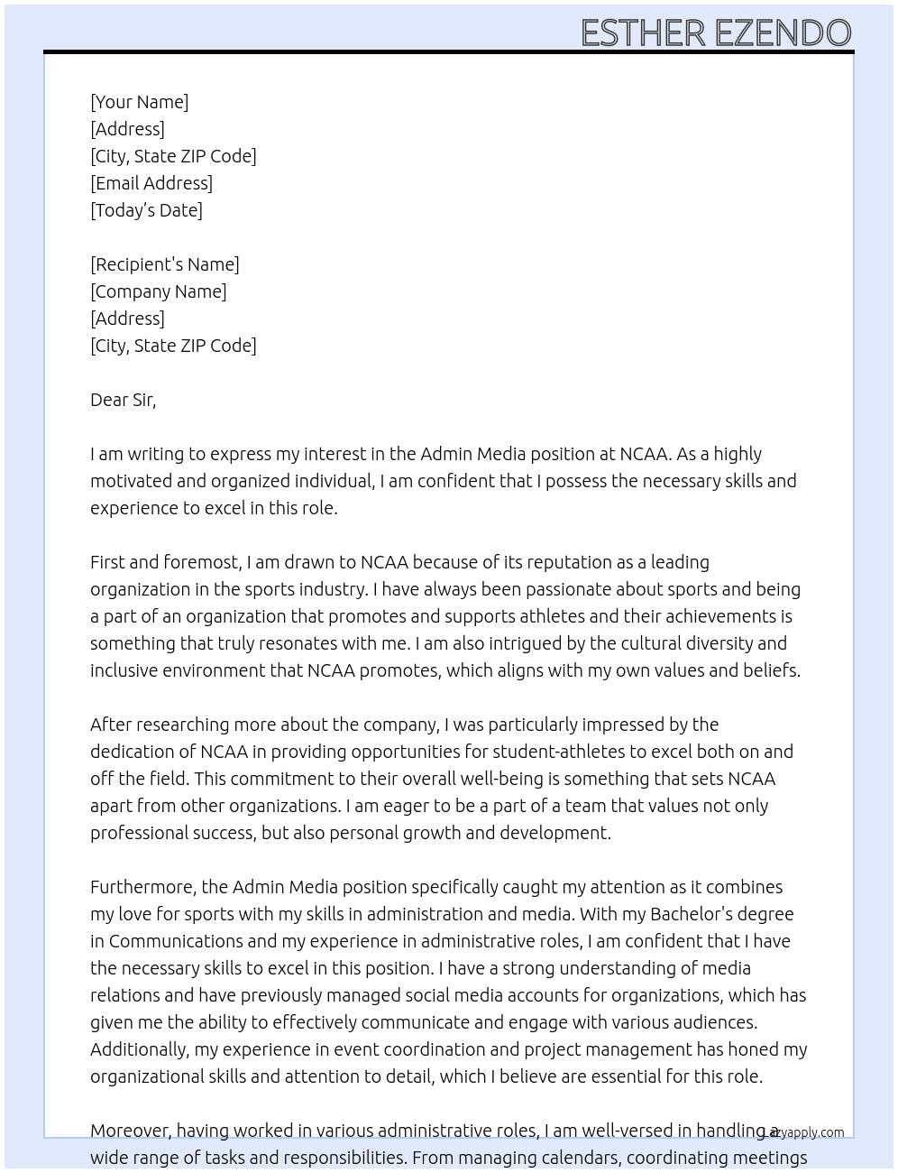 Admin Media  At NCAA Cover Letter