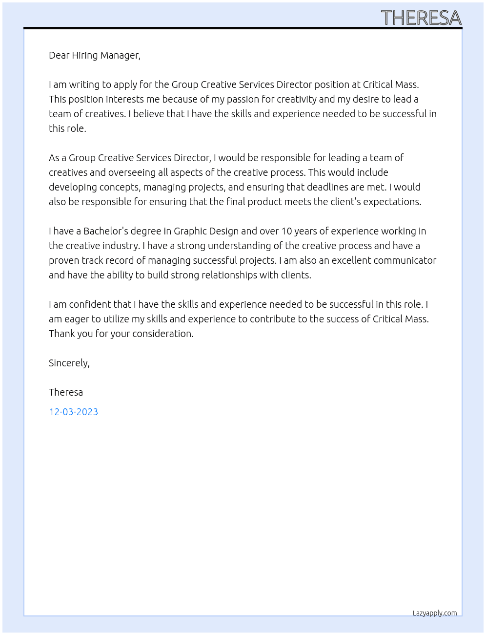 Group Creative Services Director At Critical Mass Cover Letter