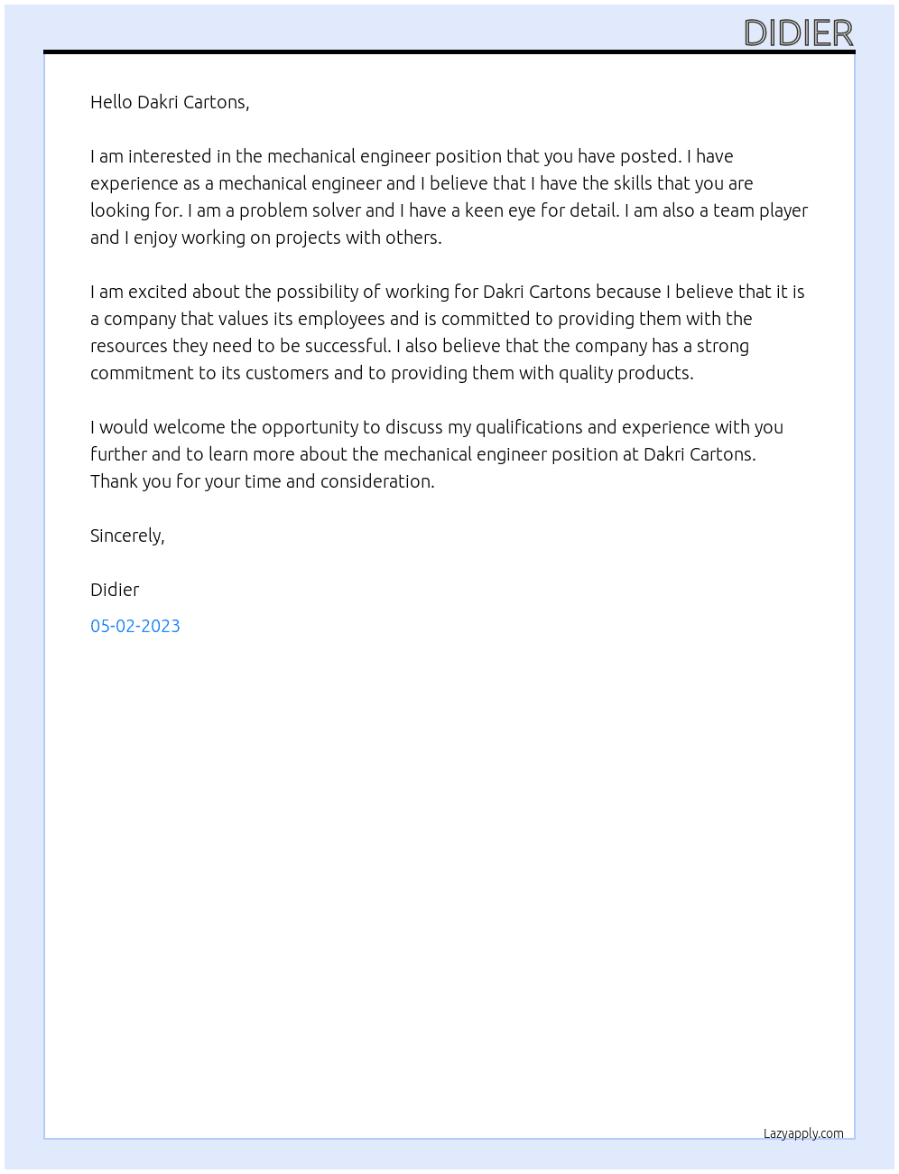 Mechanical engineer At Dakri Cartons Cover Letter