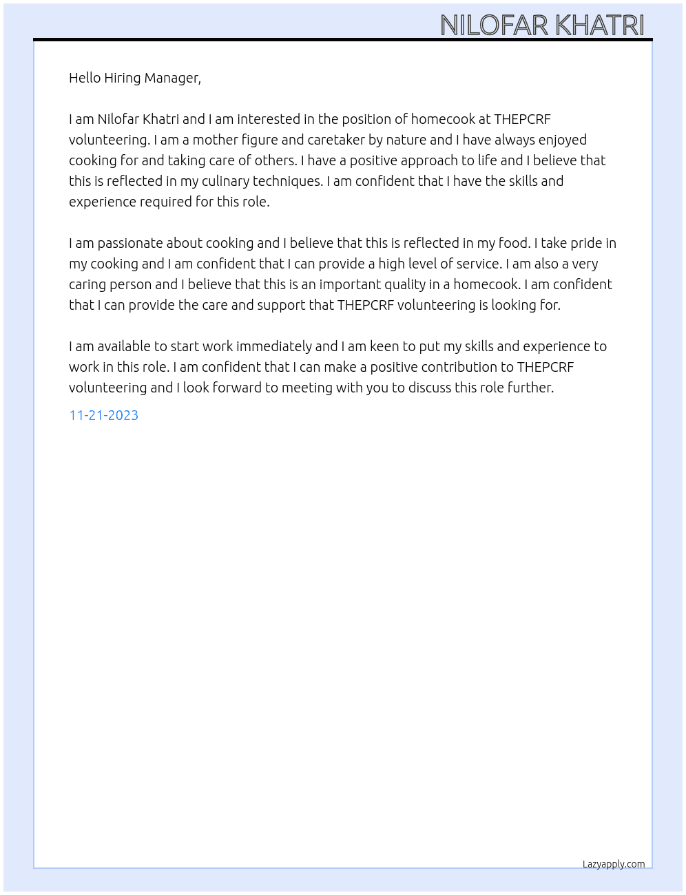 Homecook  At THEPCRF volunteering  Cover Letter