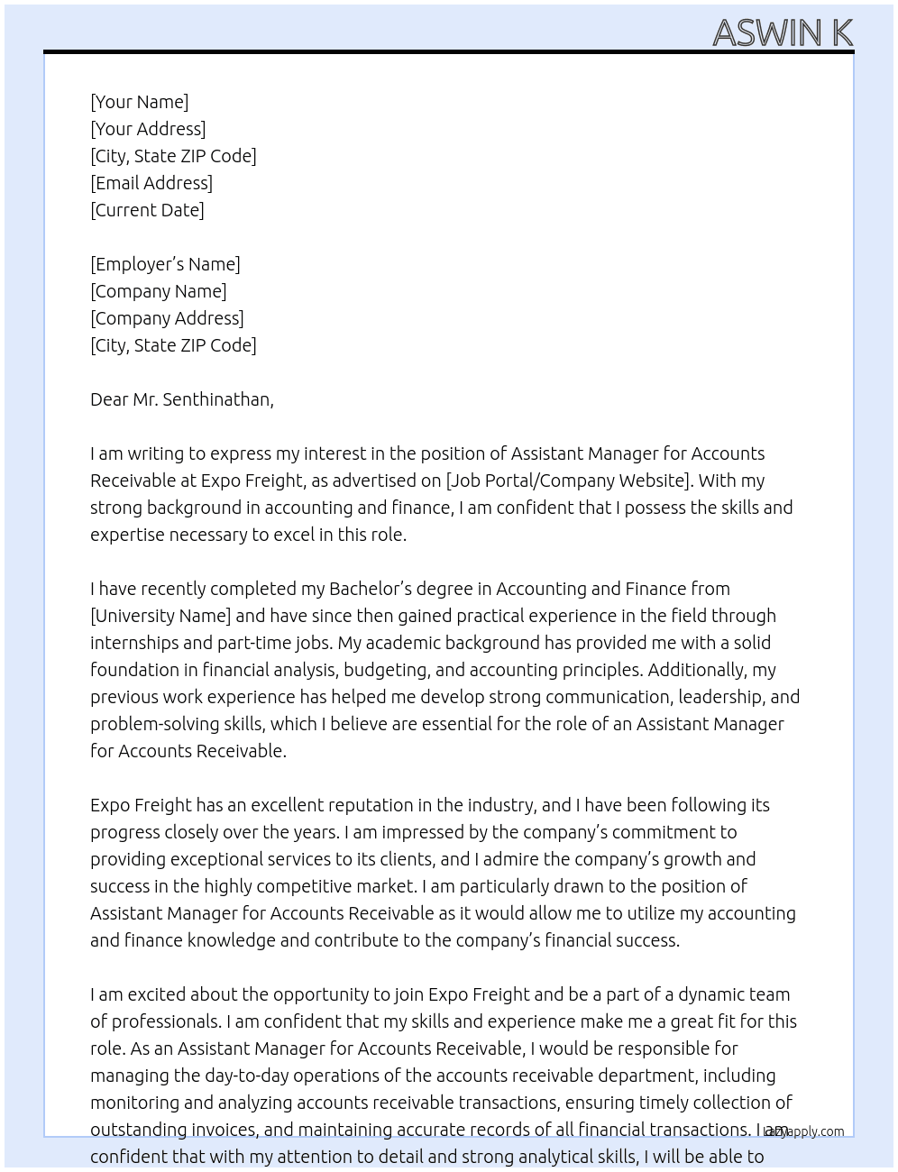Assistant manager for Accounts receivable At Expo freight Cover Letter