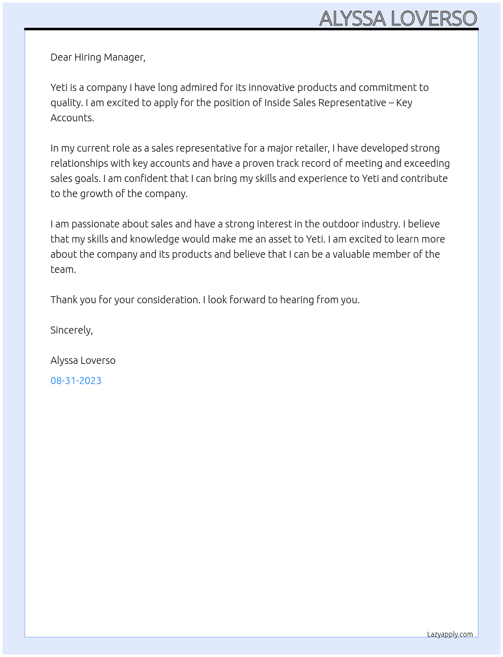 Inside Sales Representative – Key Accounts At Yeti Cover Letter
