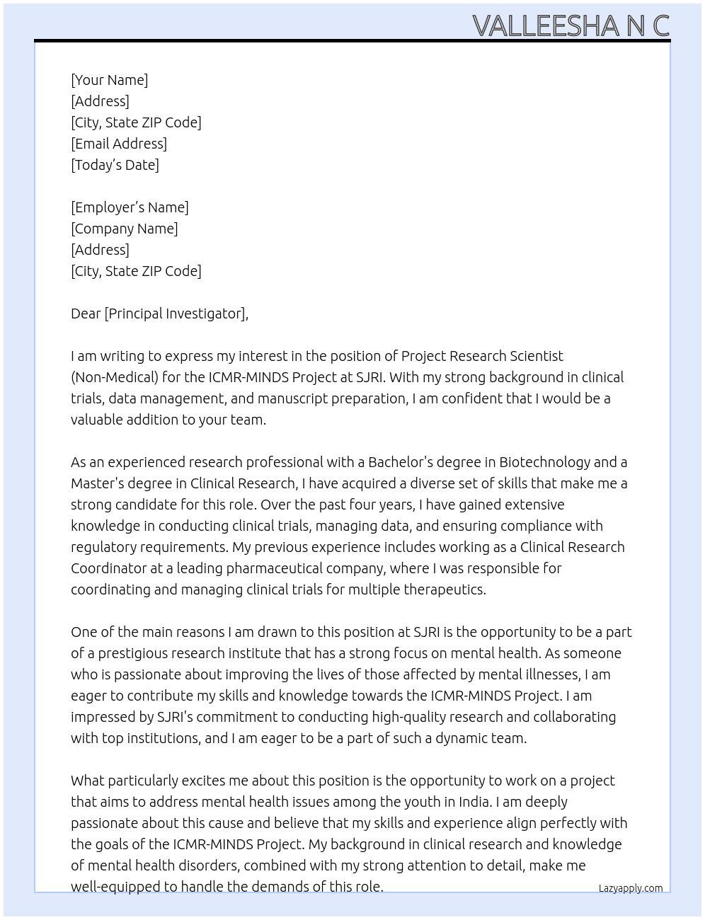 Project Research Scientist (Non-Medical)- ICMR-MINDS Project At SJRI Cover Letter
