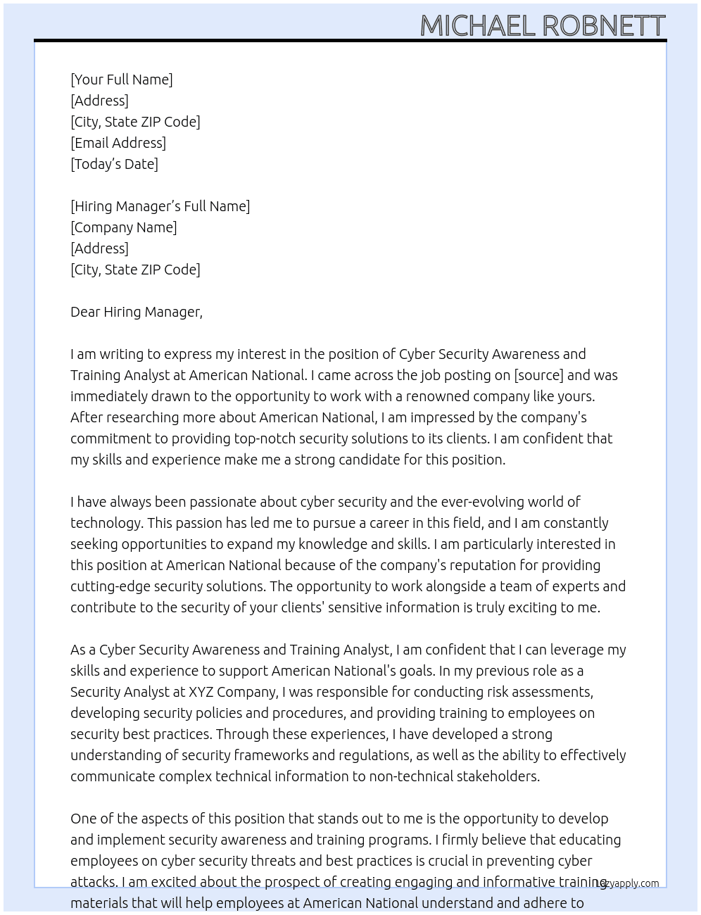Cyber Security awareness and training analyst At American National Cover Letter
