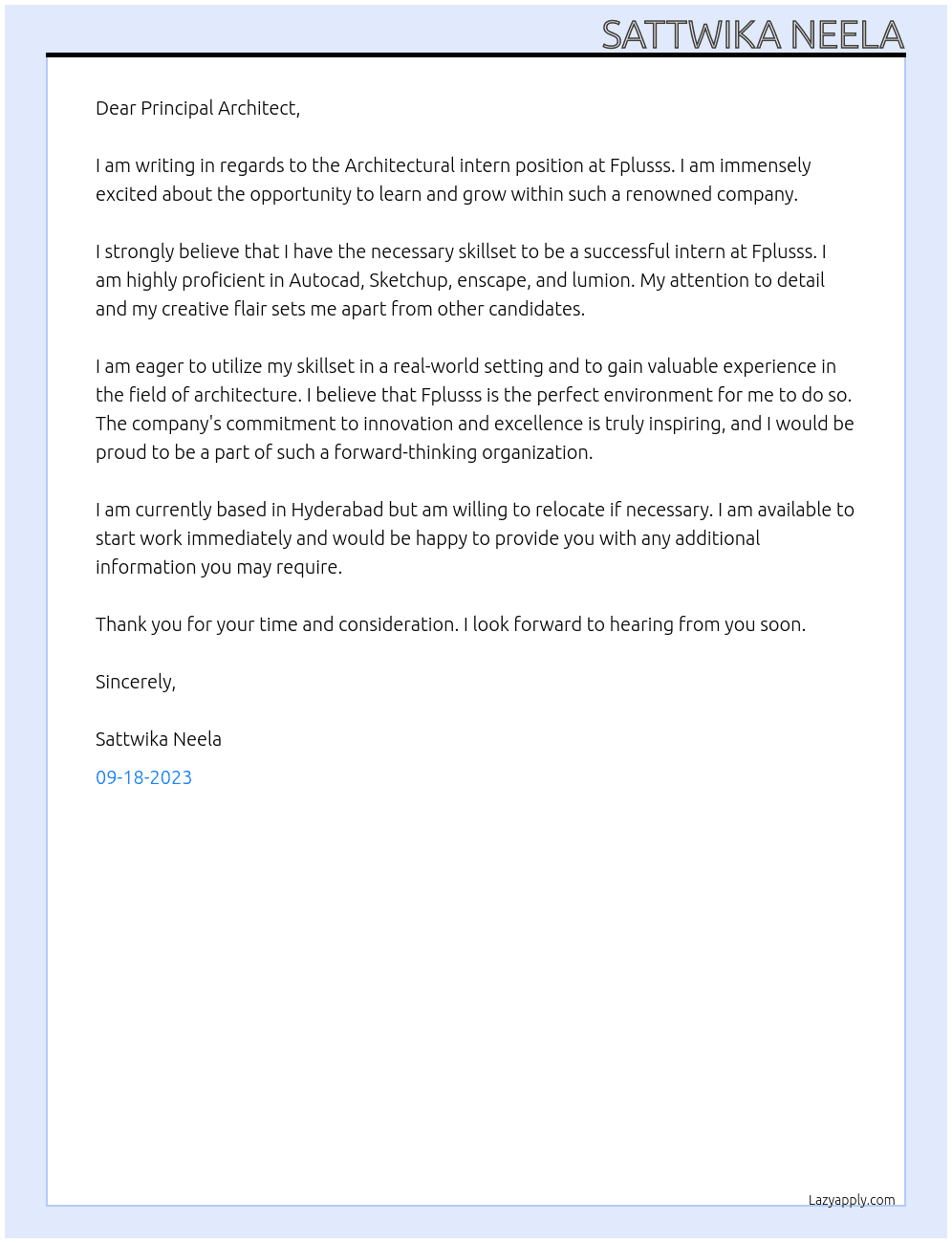 Architectural intern At Fplusss  Cover Letter