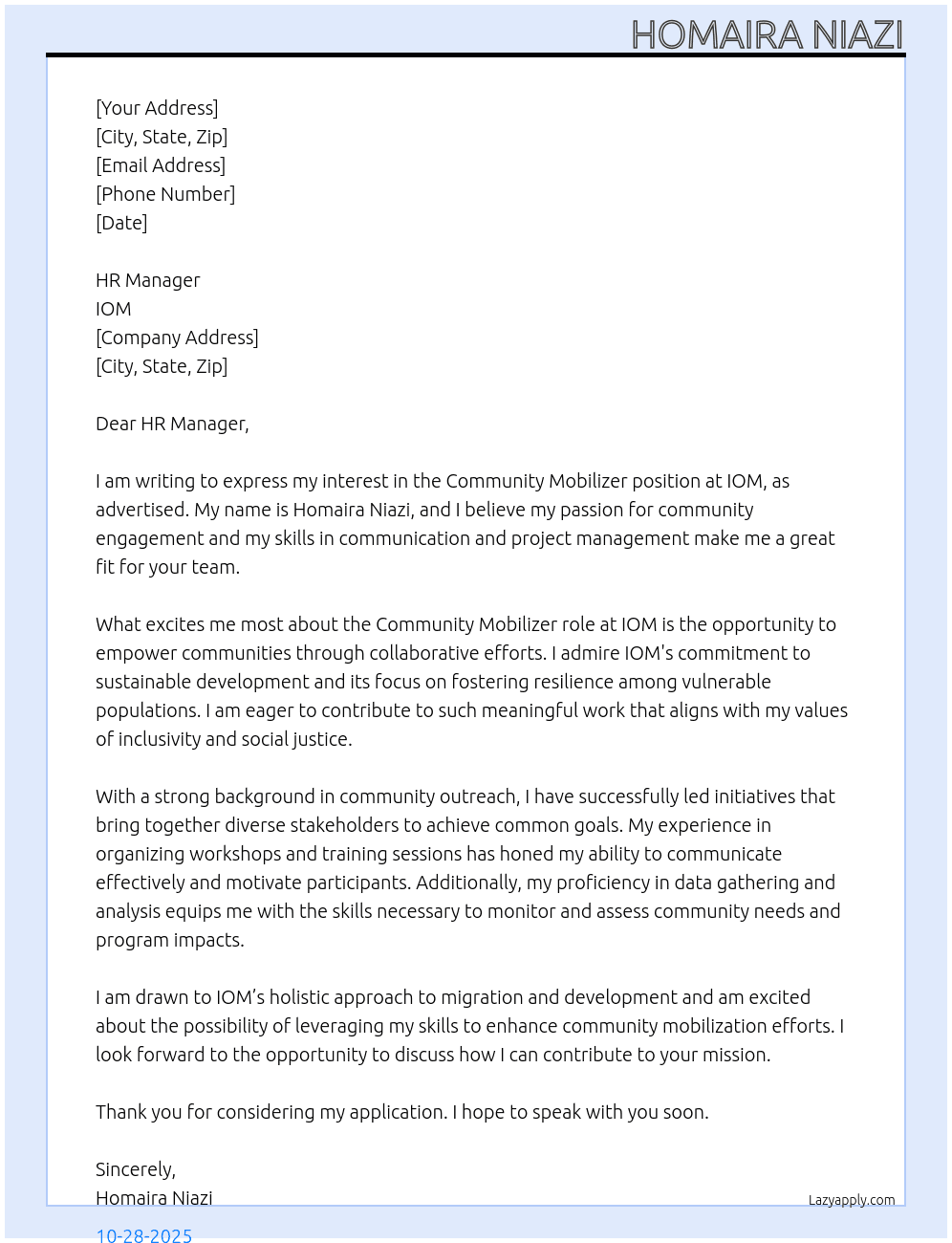 Community Mobilizer At IOM Cover Letter