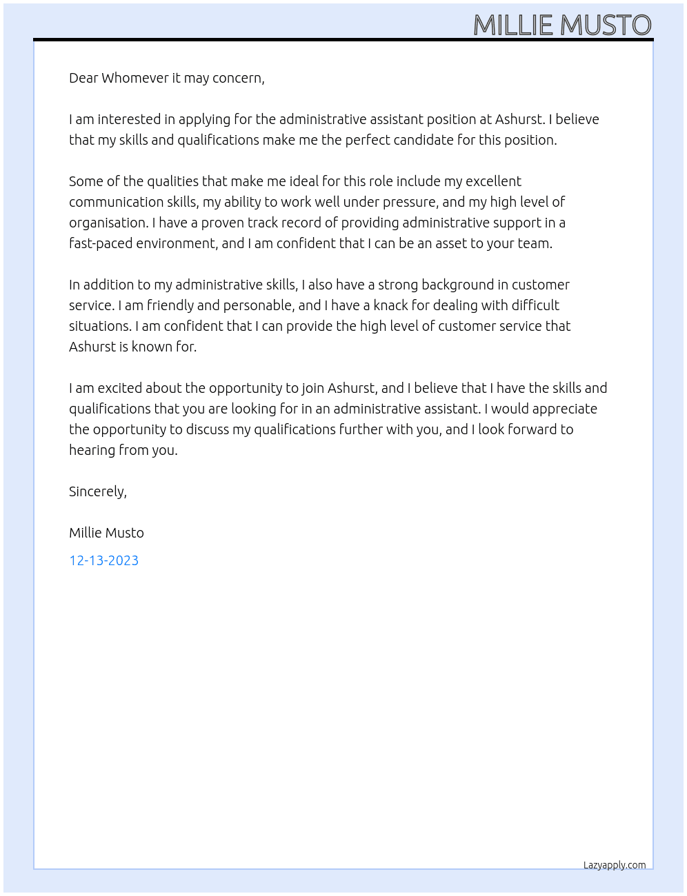 administrative assistant  At Ashurst Cover Letter