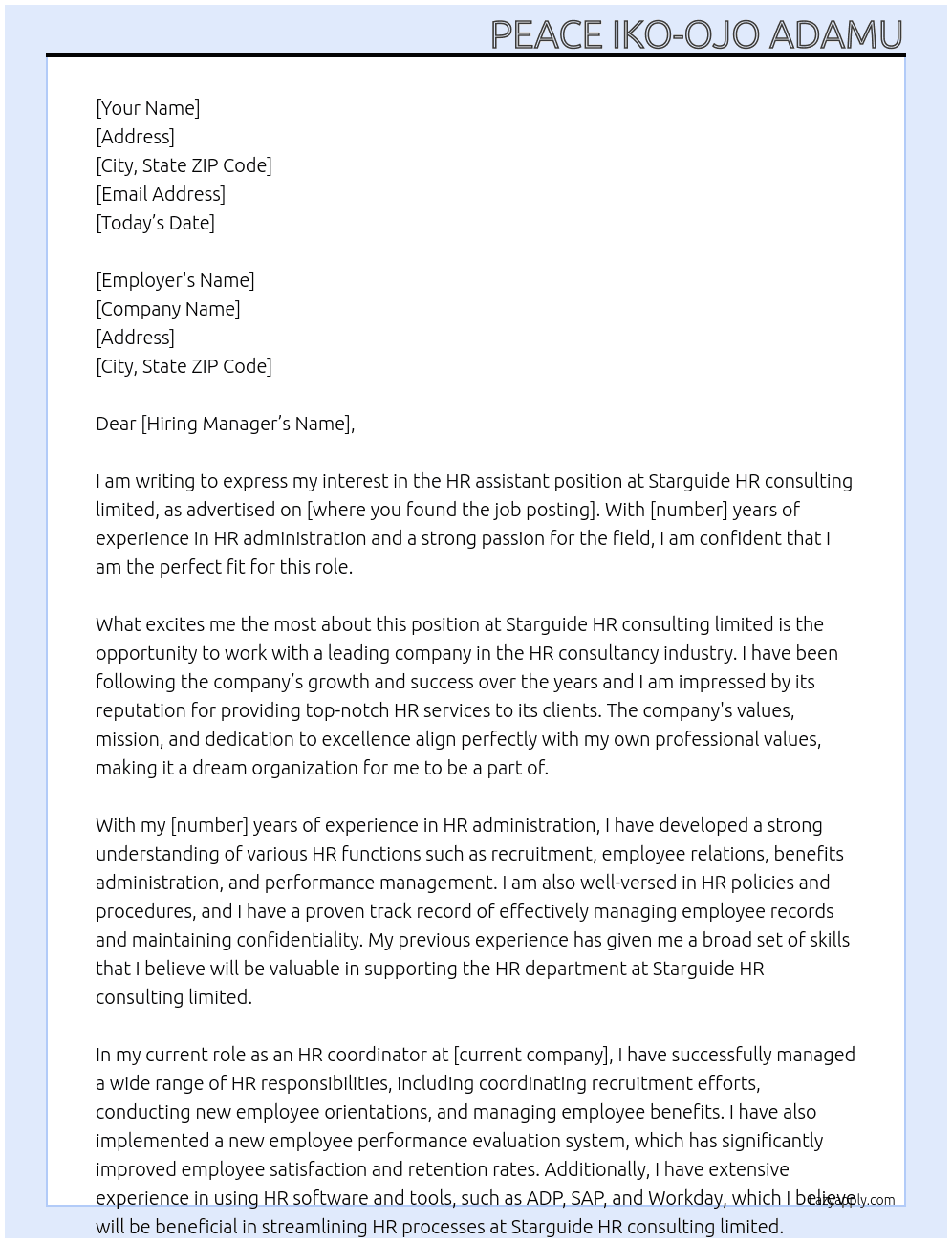 HR assistant  At Starguide HR consulting limited  Cover Letter