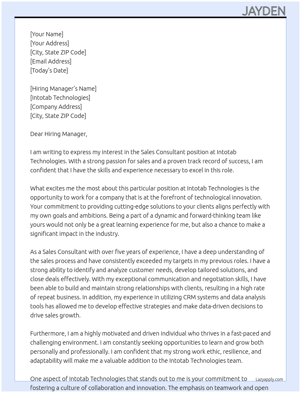 Sales Consultant  At Intotab Technologies Cover Letter