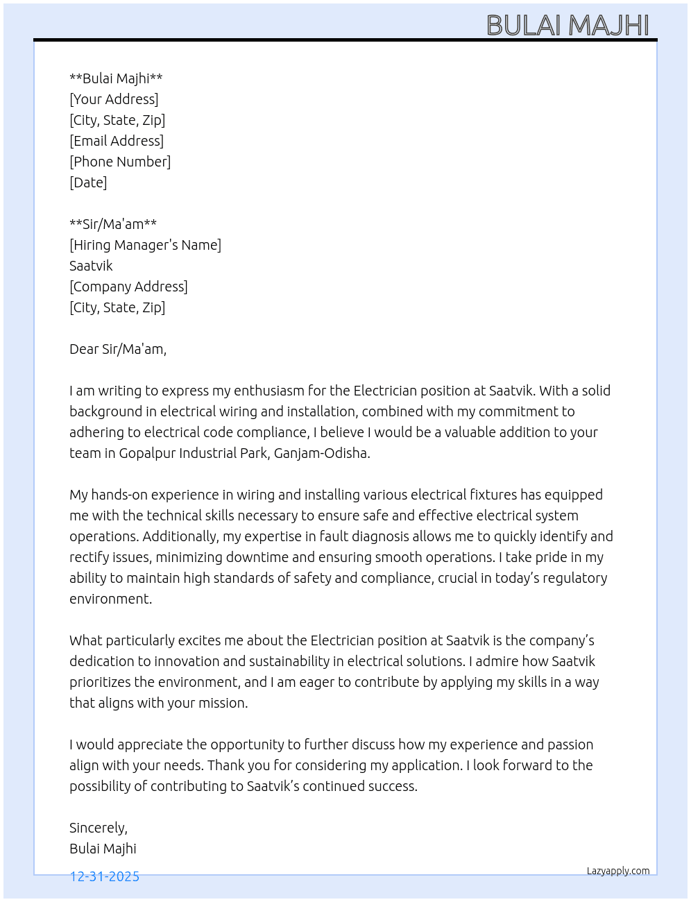 Electrician At Saatvik Cover Letter