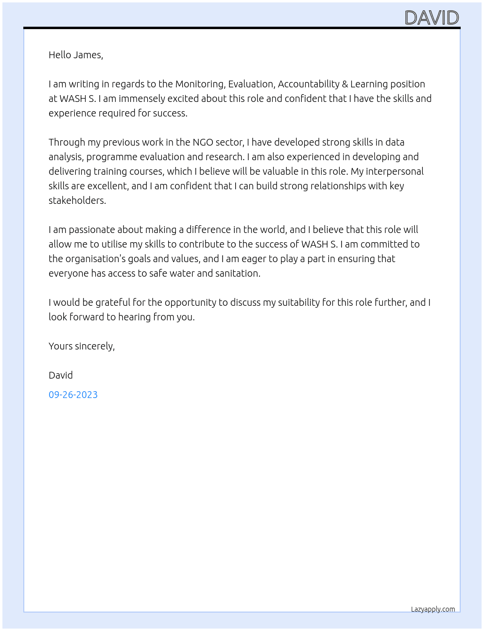 Monitoring, Evaluation, Accountability &  Learning  At WASH S Cover Letter