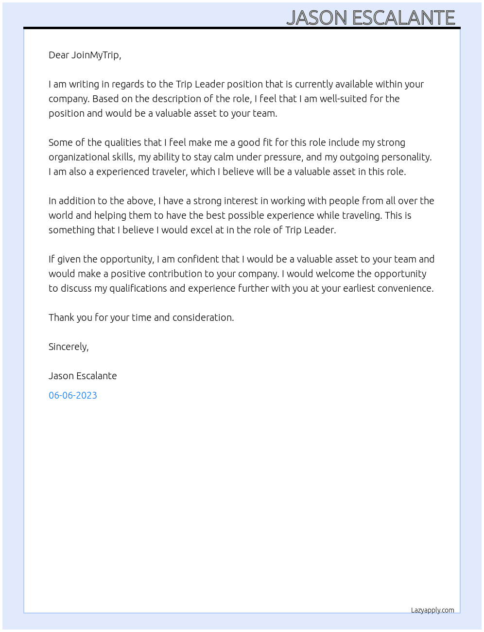 Trip Leader  At JoinMyTrip Cover Letter