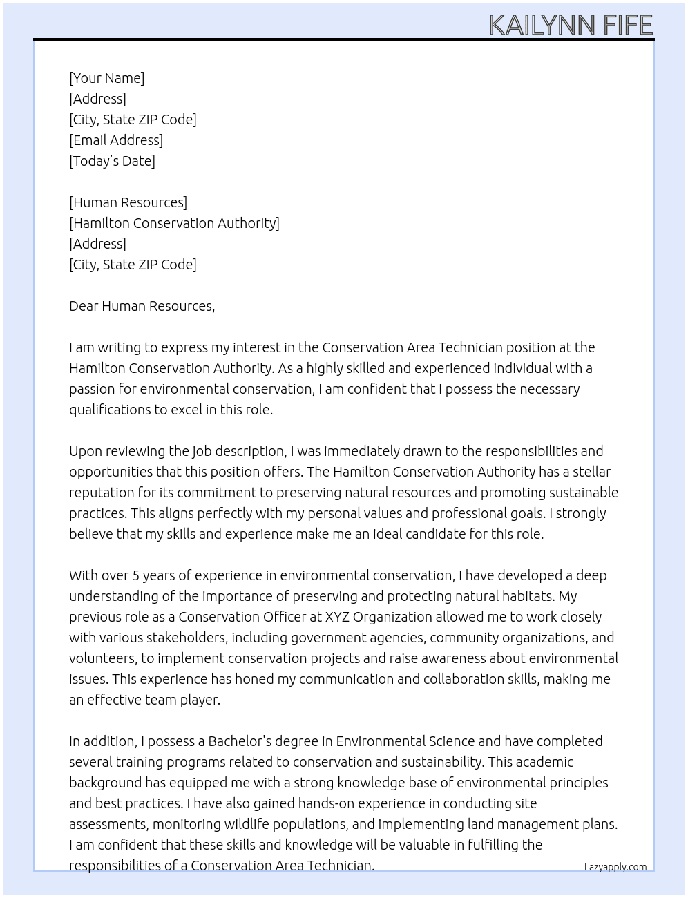 Conservation Area Technician At Hamilton Conservation Authority Cover Letter