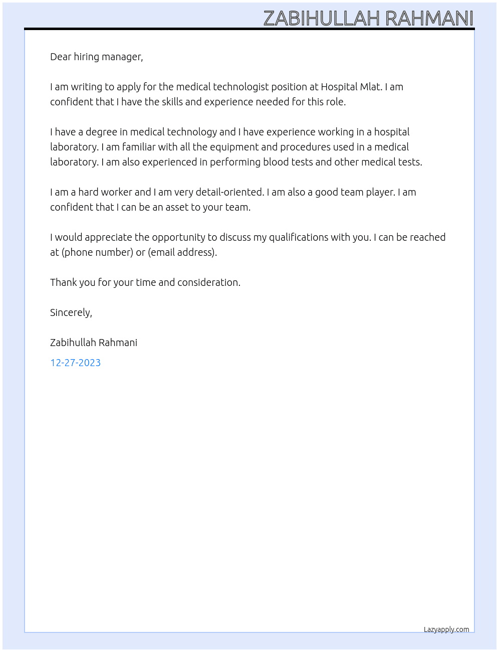 Medical technologist At Hospital Mlat Cover Letter