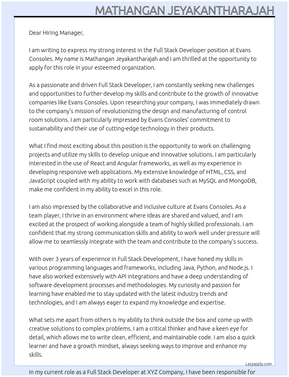 full stack developer At Evans Consoles Cover Letter