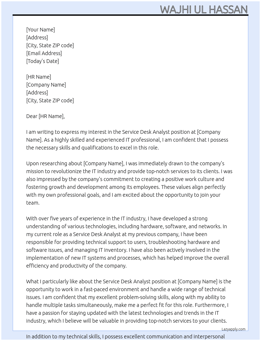 Service Desk Analyst At xyz Cover Letter