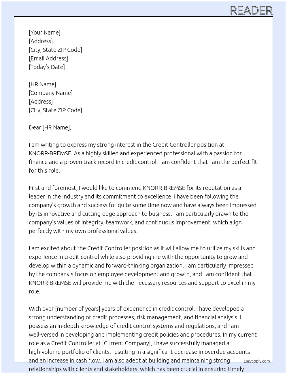 Credit controller At KNORR-BREMSE Cover Letter