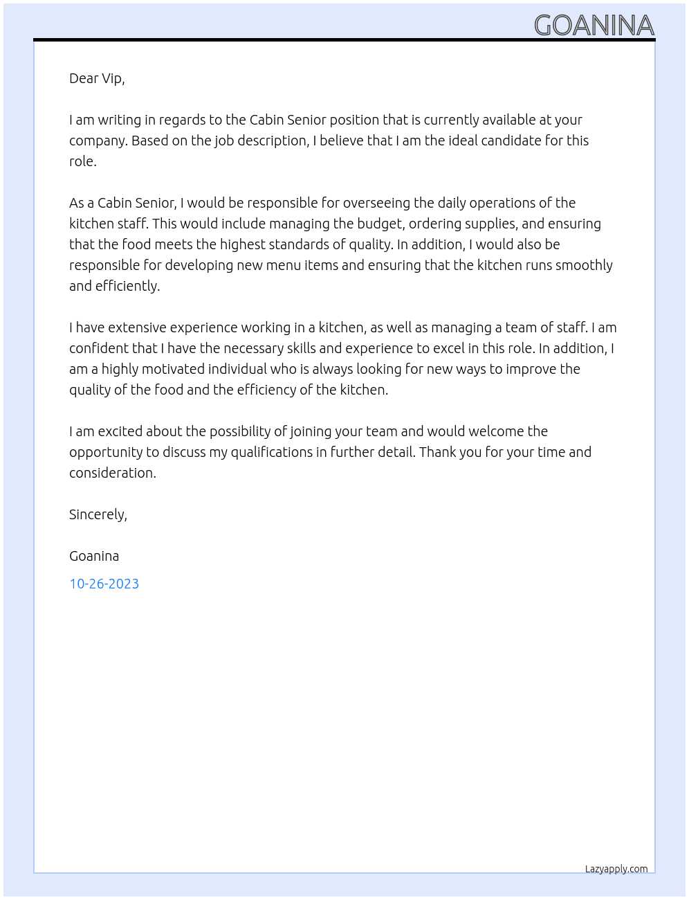 Cabin Senior At Vip Cover Letter