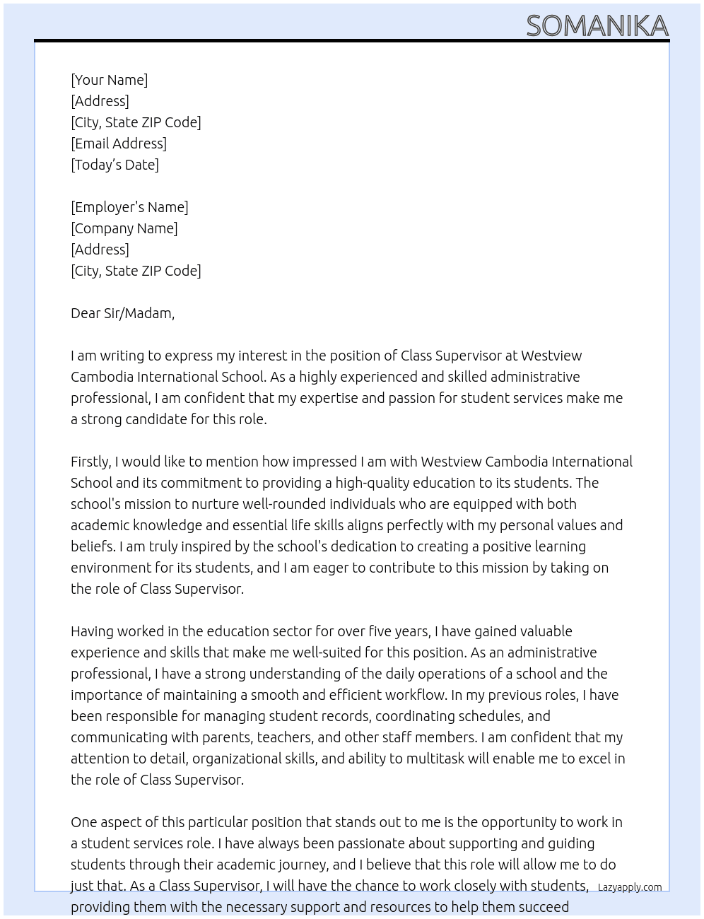 class supervisor  At Westview Cambodia International School  Cover Letter
