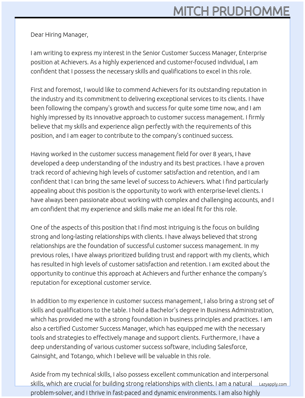 Senior Customer Sucess Manager, Enterprise At Achievers  Cover Letter