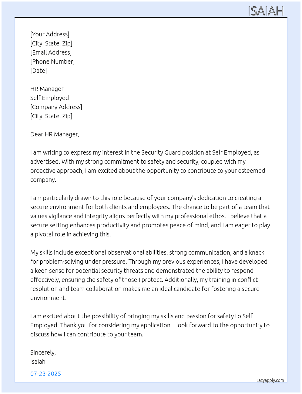 Security Guard  At Self Employed  Cover Letter
