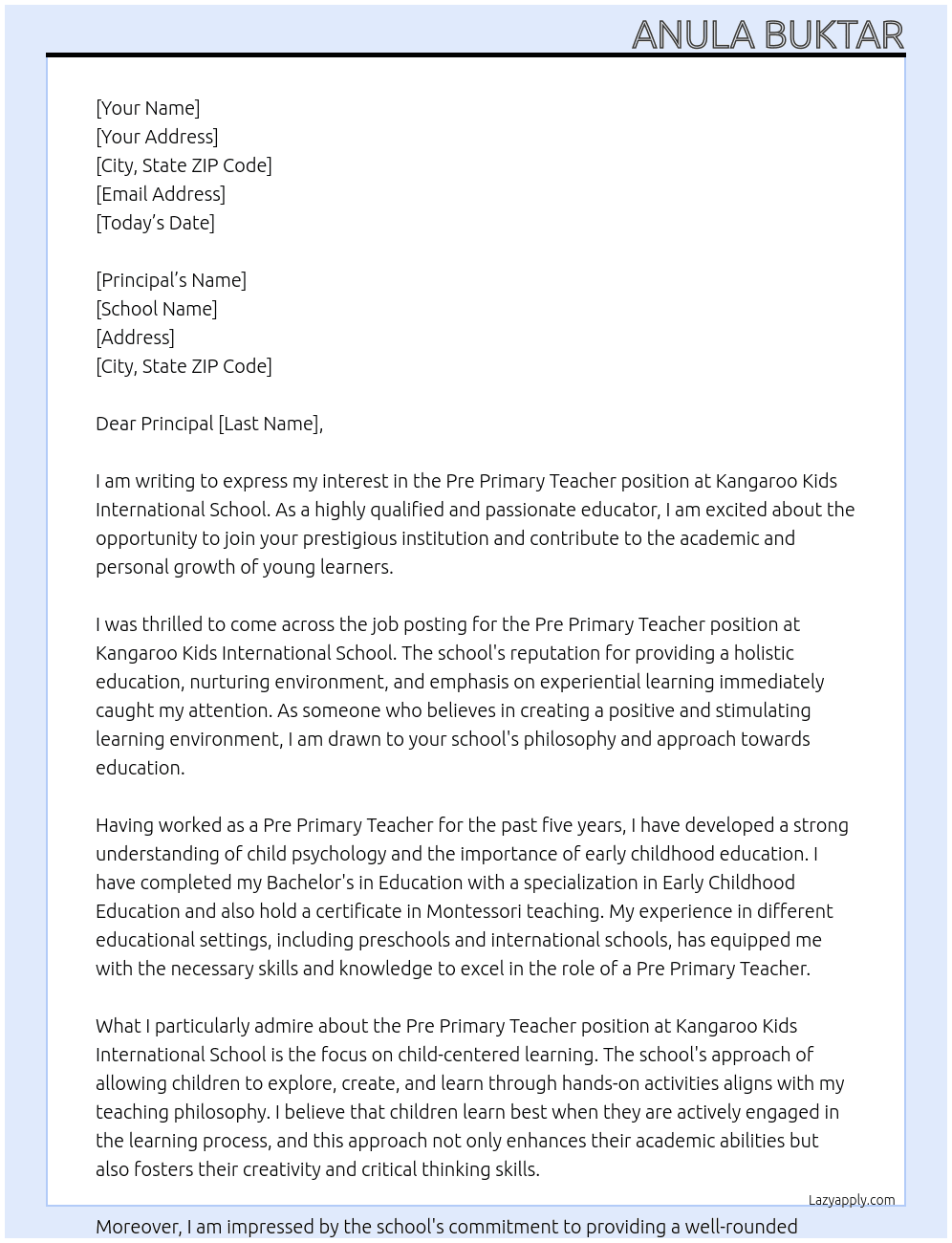 Pre primary teacher At Kangaroo kids International  school Cover Letter