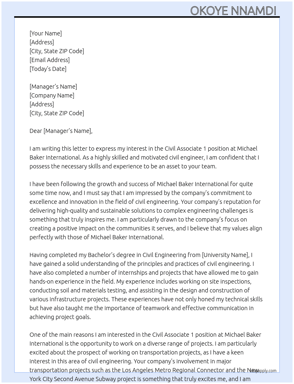 Civil Associate 1 At Michael baker International  Cover Letter