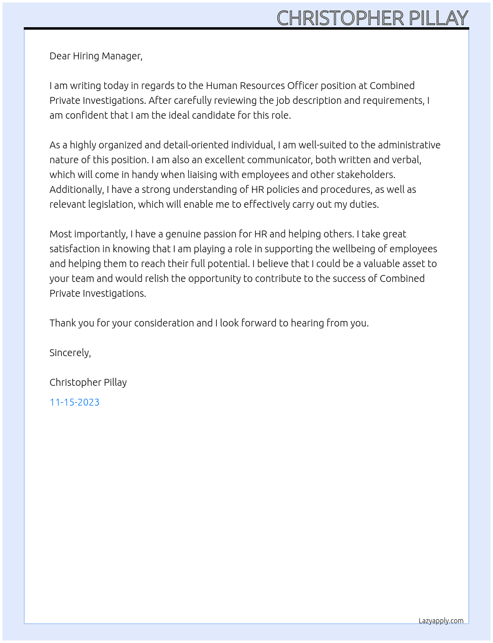Human resources officer At Combined Private Investigations  Cover Letter