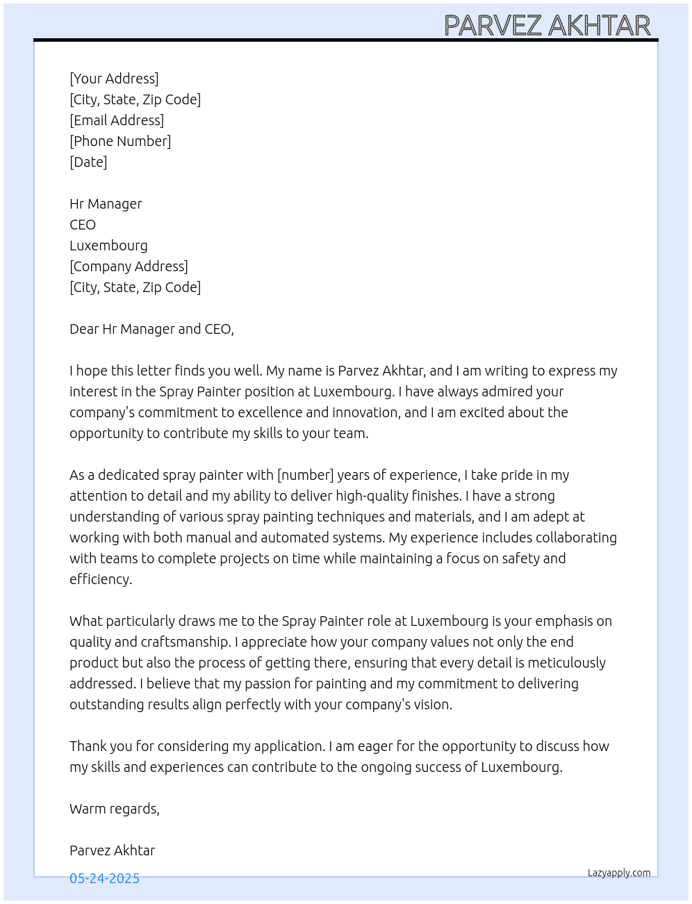 Spray painter  At Luxembourg  Cover Letter