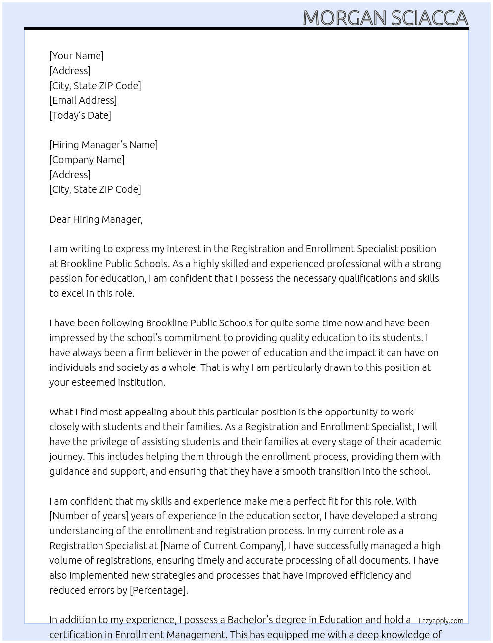 Registration and Enrollment Specialist At Brookline Public Schools Cover Letter