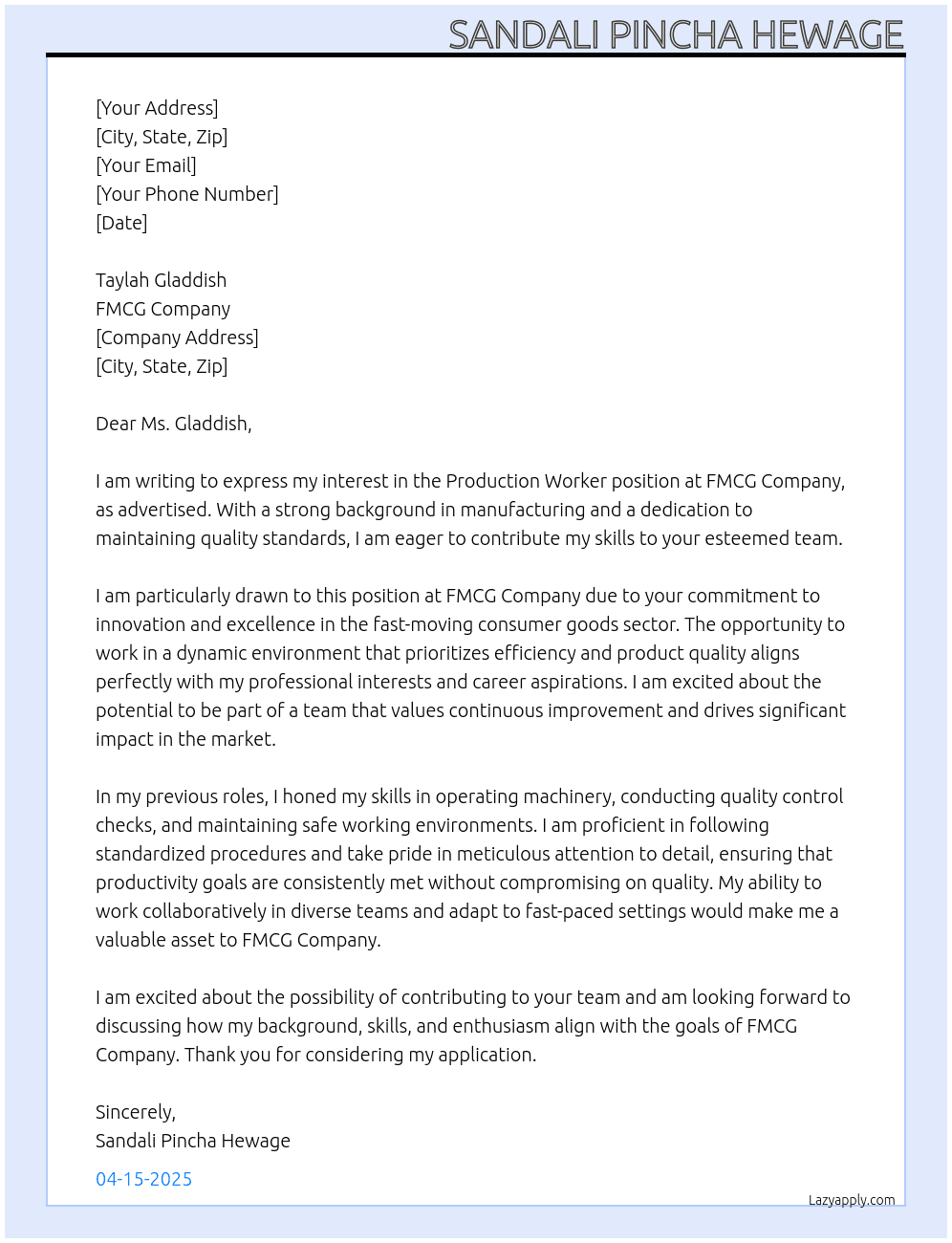 Production Worker At FMCG Company Cover Letter