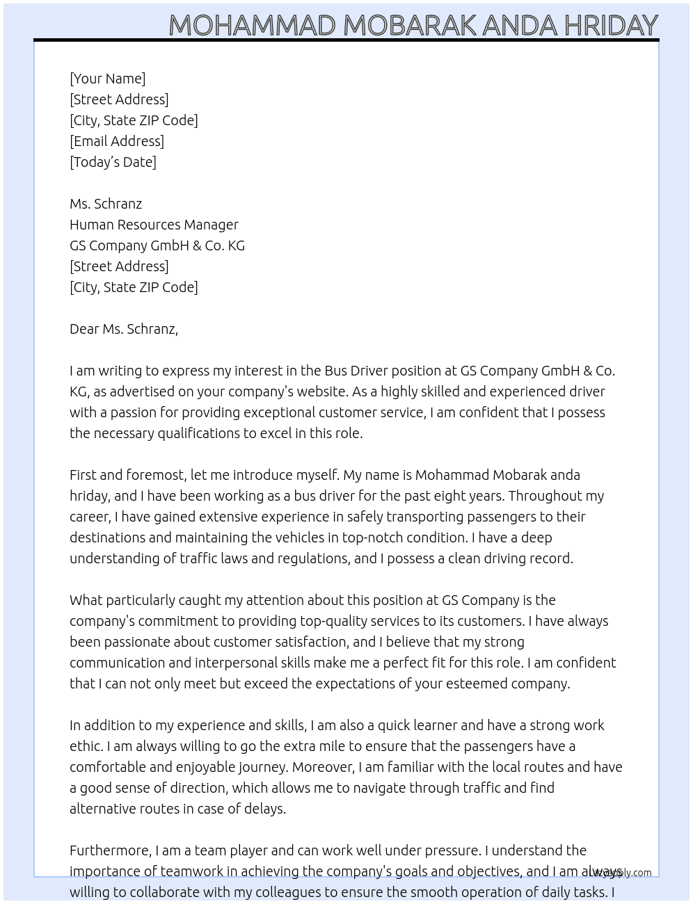 Bus driver At GS Company GmbH & Co. KG Cover Letter