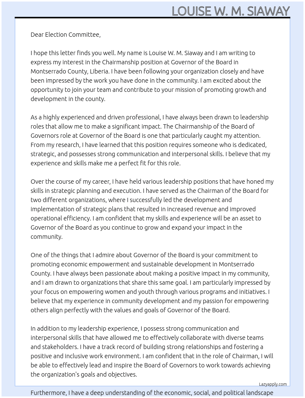 Chairmanship At Governor of the Board Cover Letter