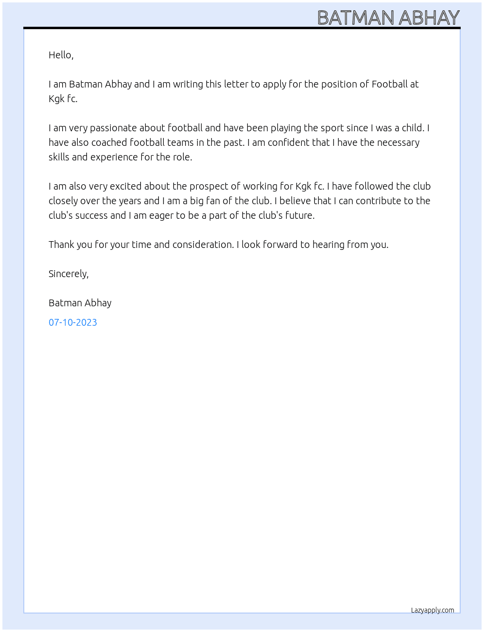 Football At Kgk fc Cover Letter