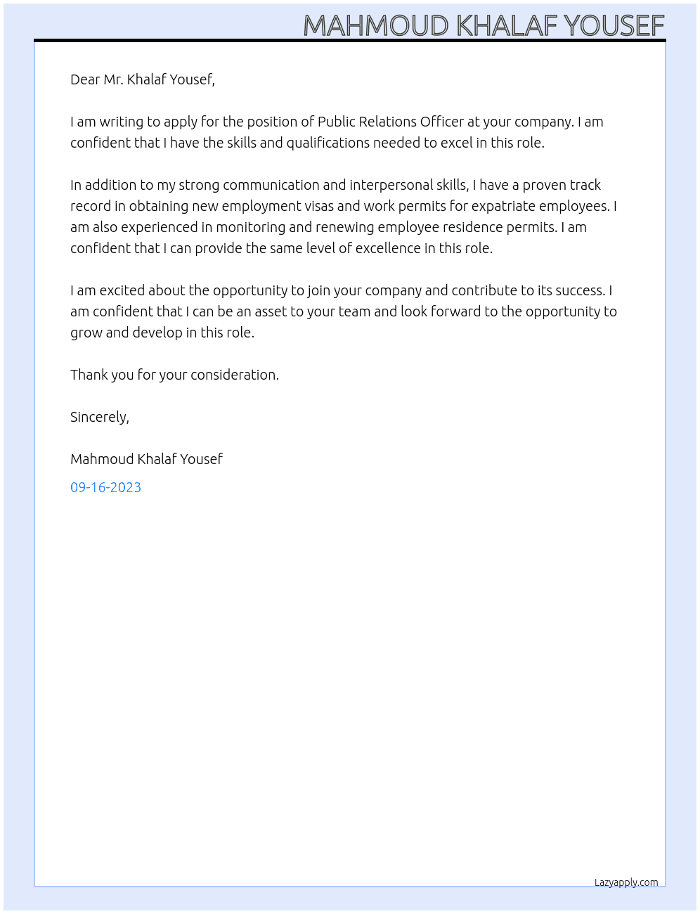Public Relations Officer  At Company Cover Letter