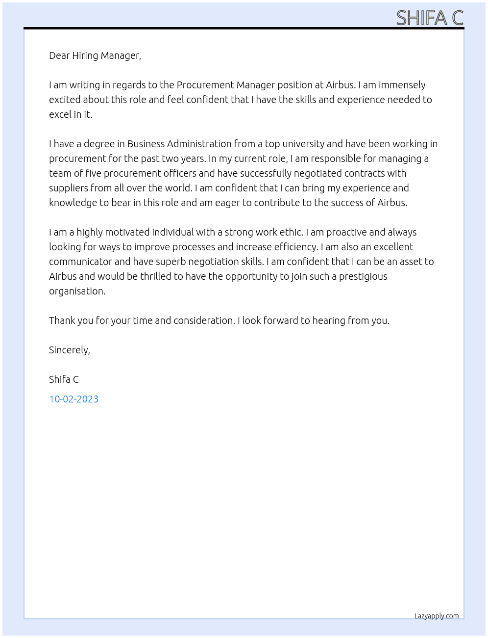 Procurement manager At Airbus  Cover Letter