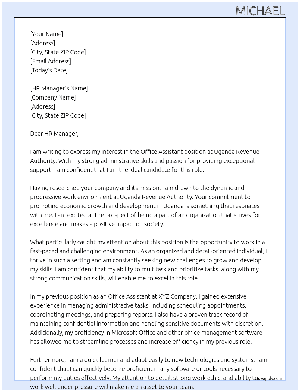 office assistant At Uganda Revenue Authority Cover Letter