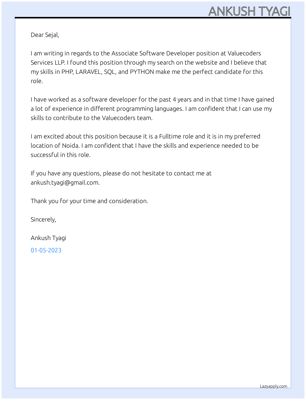 Associate Software Developer  At Valuecoders Services LLP Cover Letter