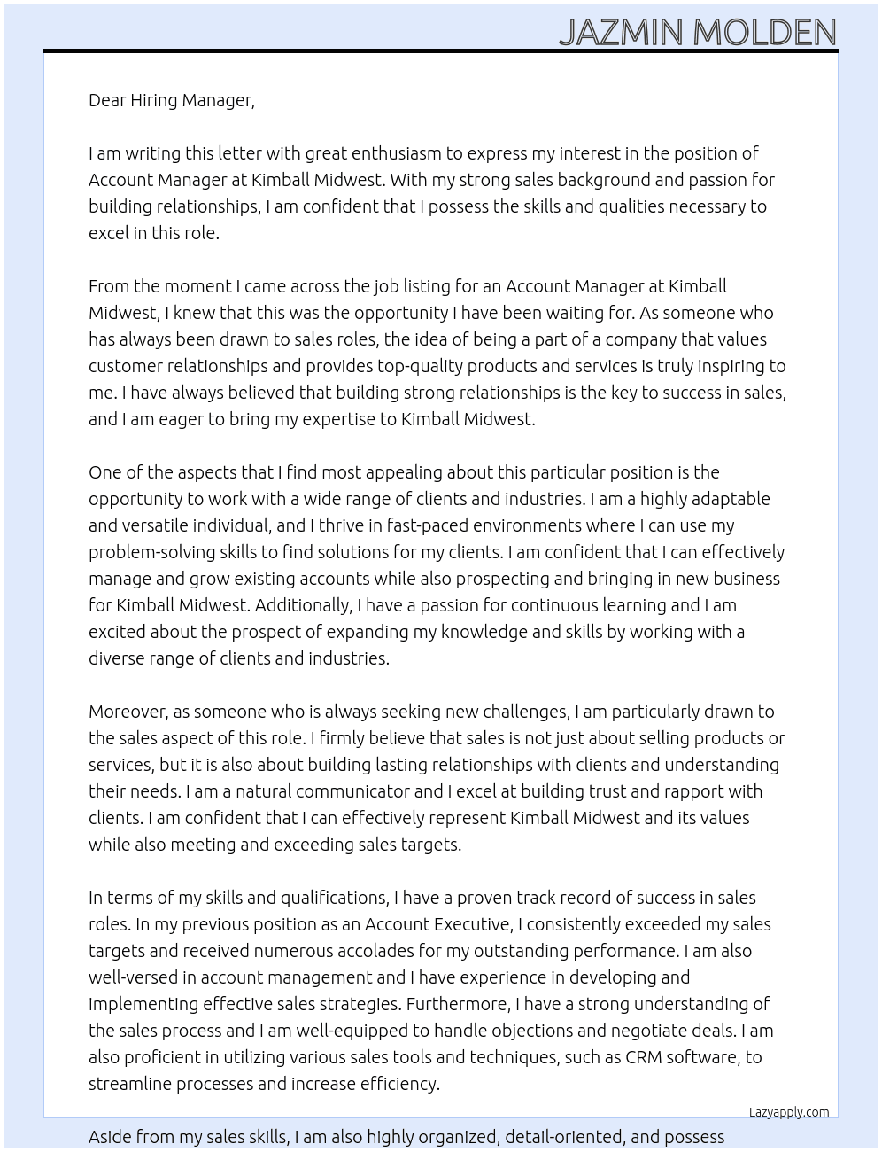 Account manager At Kimball Midwest Cover Letter