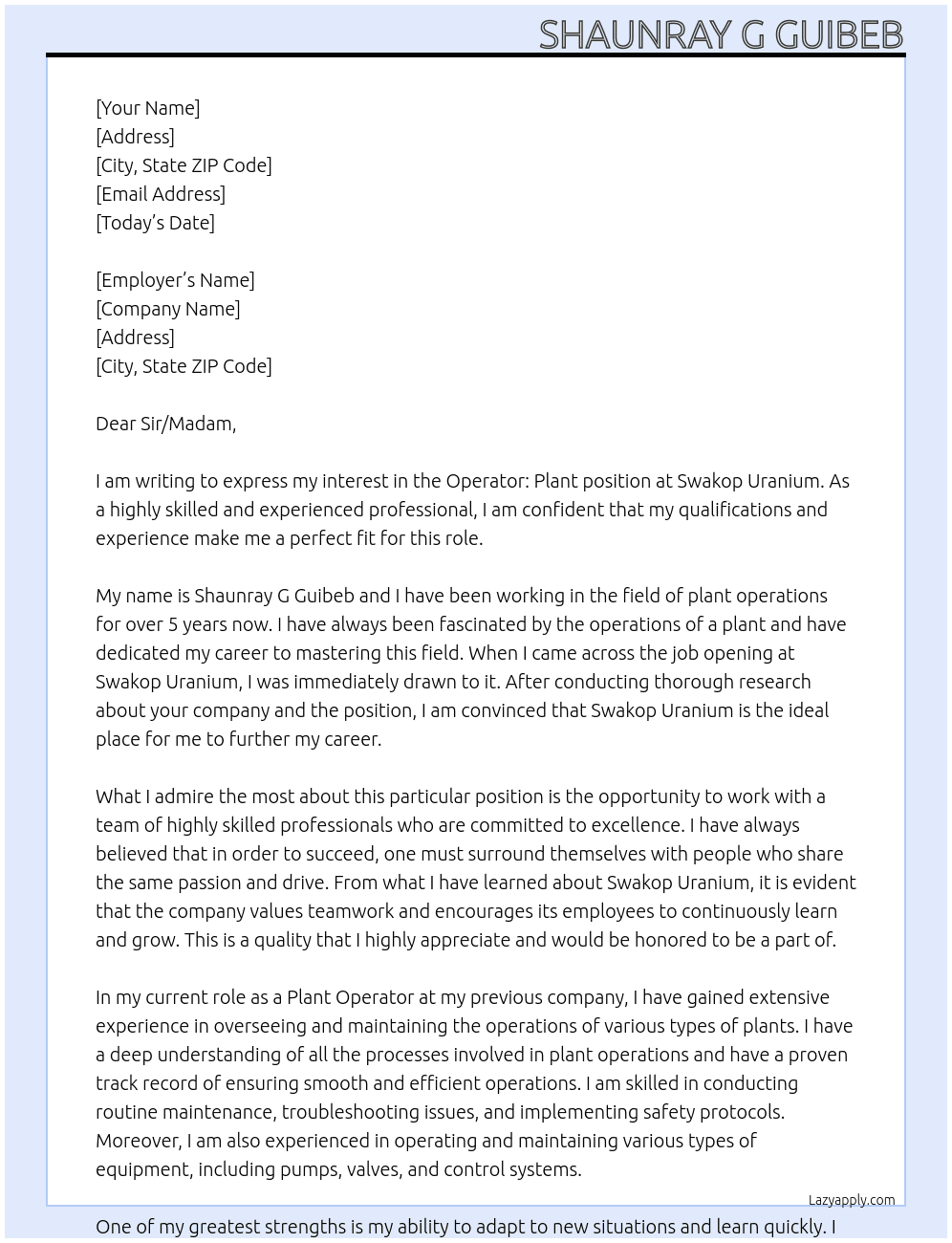 Operator: Plant At Swakop Uranium Cover Letter