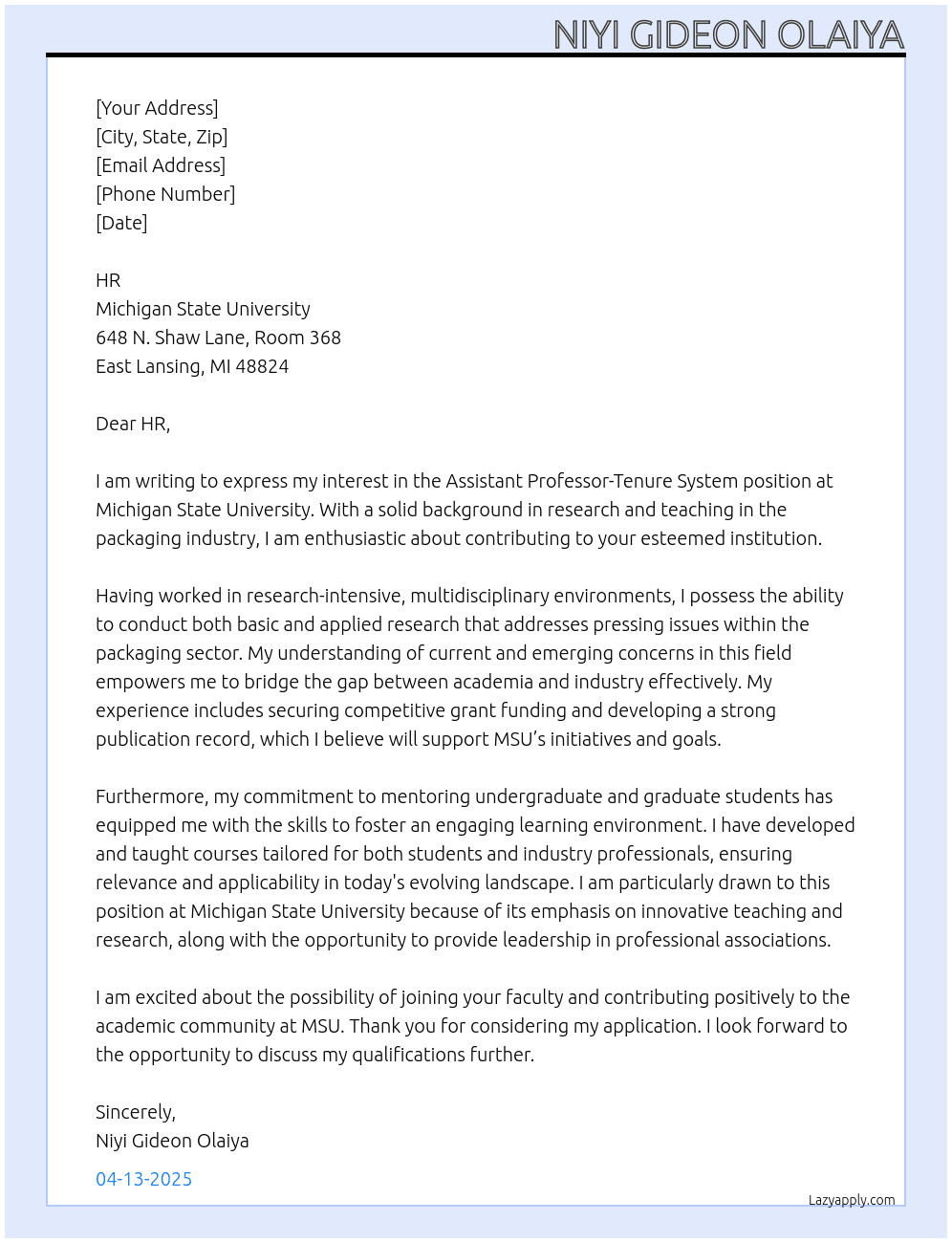 Assistant Professor-Tenure System At Michigan State University Cover Letter