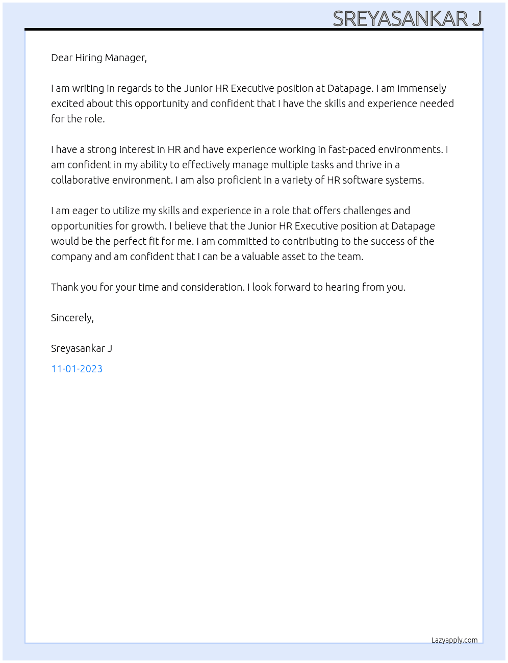 Junior HR Executive At Datapage Cover Letter