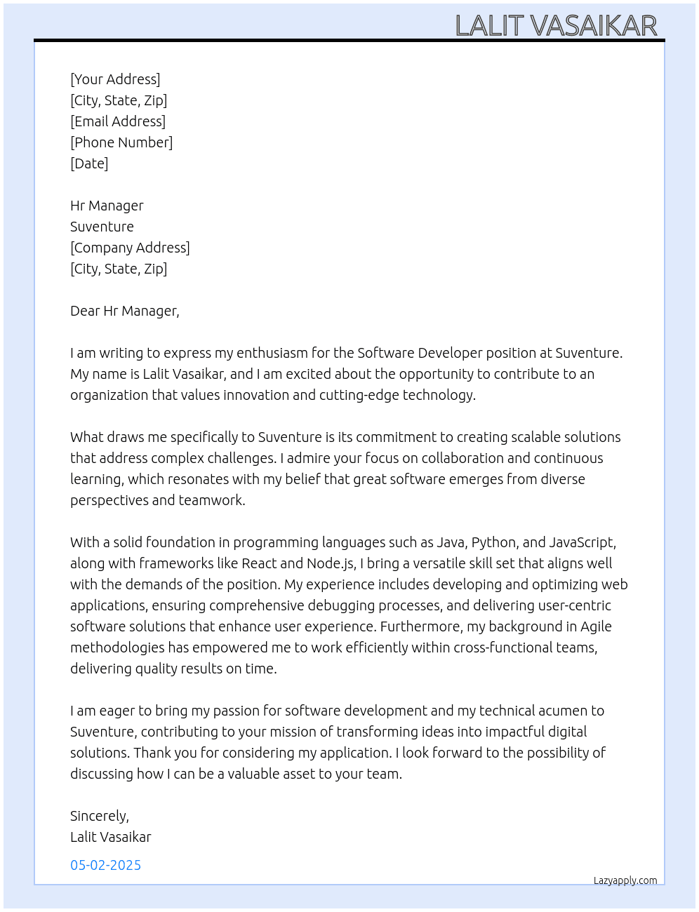 Software Developer  At Suventure Cover Letter