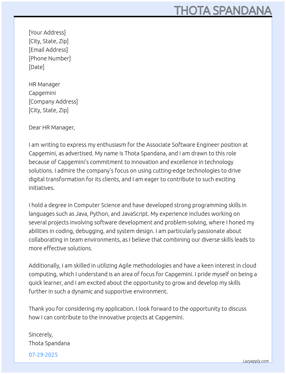 Associate software engineer At capgemini Cover Letter