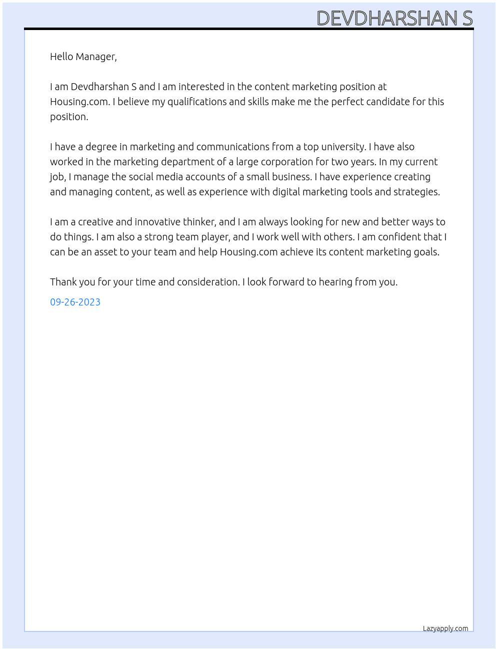 contenr marketing At Housing.com Cover Letter